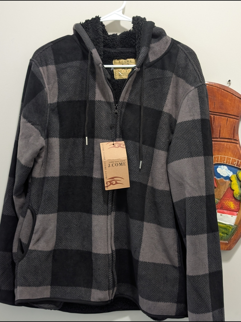 Men's Black & Gray Buffalo Plaid Sherpa Zip-Up Jacket
